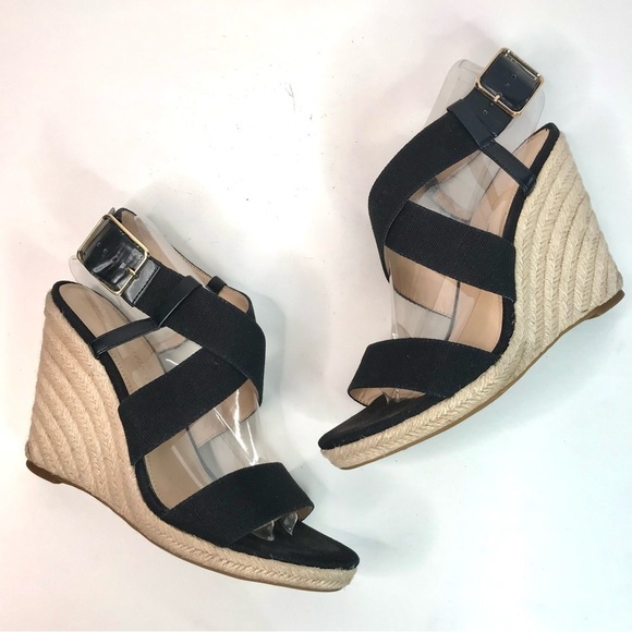 BANANA REPUBLIC TECLA Black Canvas Sz 9 Espadrille Wedge Crossover Ankle Strap - Picture 7 of 16